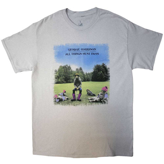 Grey t-shirt displaying the album cover for George Harrison’s “All Things Must Pass”.