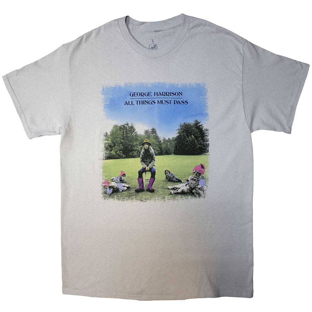 Grey t-shirt displaying the album cover for George Harrison’s “All Things Must Pass”.