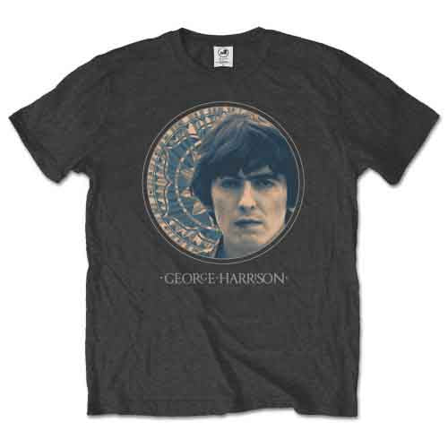 Charcoal grey t-shirt with a circular portrait of George Harrison.