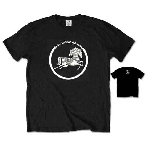 Black t-shirt with a white illustration of a horse in a circle.