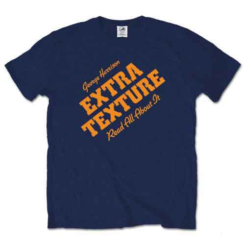 A man wearing a navy blue t-shirt with orange George Harrison Extra Texture graphic.