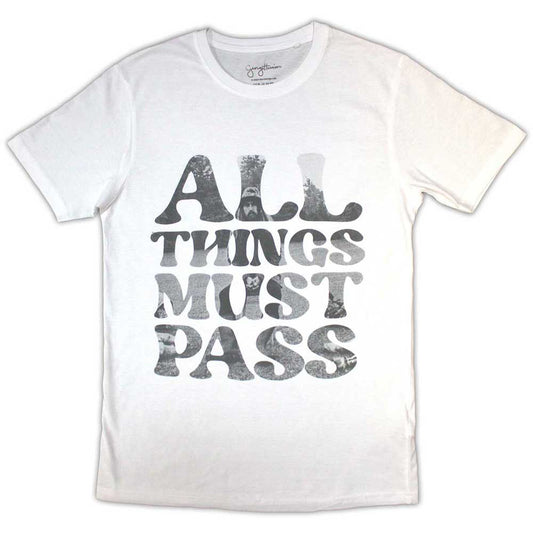 Black t-shirt with white text reading “All Things Must Pass,” honoring George Harrison.