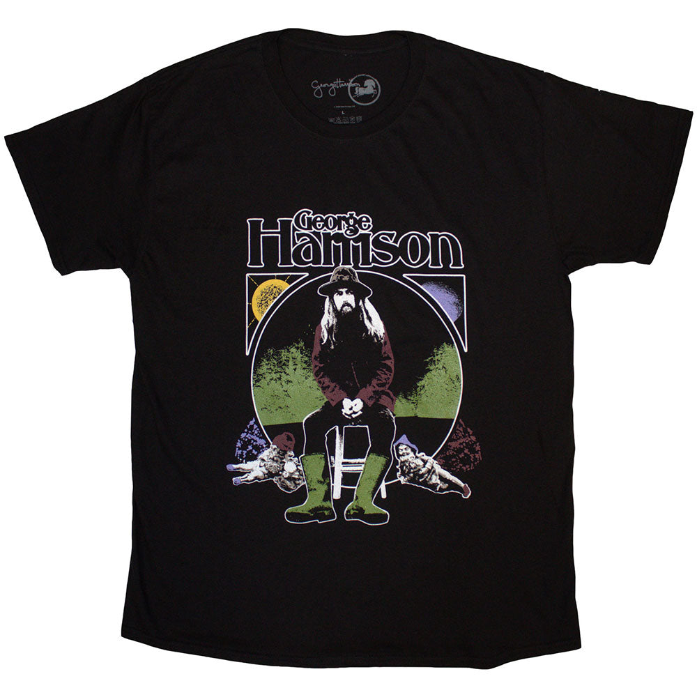 Black t-shirt with a sun and moon design honoring musician George Harrison.
