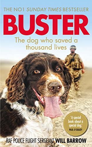 Book cover featuring a brown and white spaniel dog, with a soldier blurred in background.