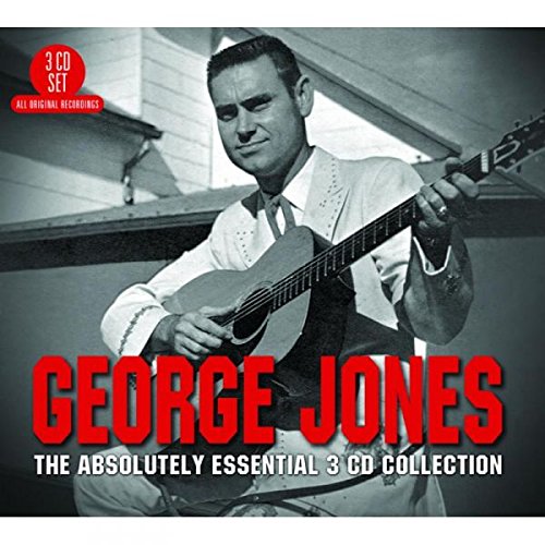 Black and white image of George Jones holding a guitar, red and white text overlay.
