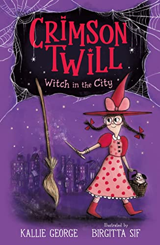 Book cover: young witch with broom, city skyline, red and purple tones.