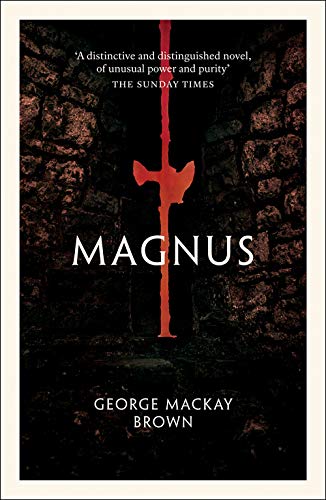Book cover of Magnus by George Mackay Brown featuring a glowing red sword silhouette.
