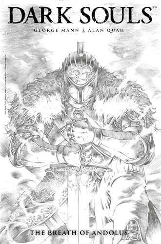 Black and white illustration of a knight in ornate armor holding a sword.