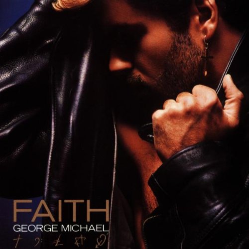George Michael wearing a leather jacket and cross earring on the Faith album cover.
