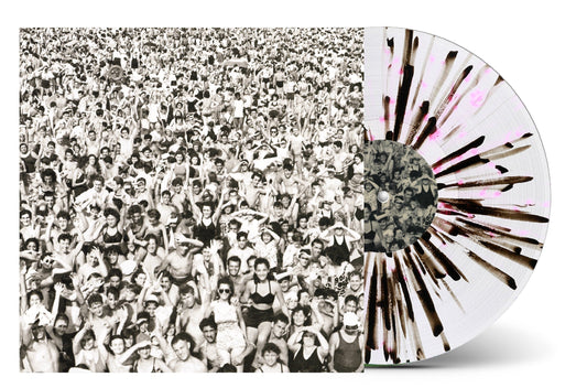 George Michael album cover with a crowd scene and splatter vinyl record.
