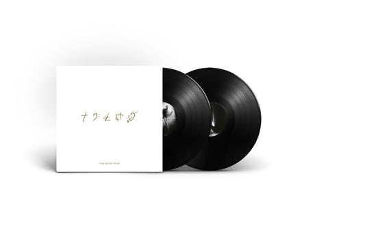 Two black vinyl records with a white album cover featuring text.