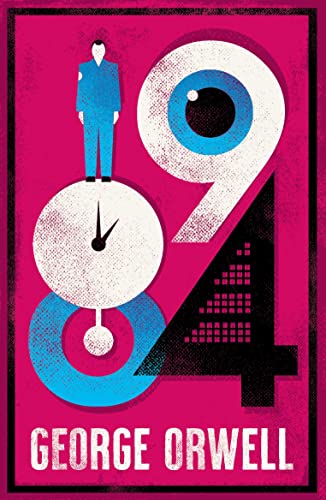 Book cover for 1984 featuring a stylized eye, clock, and figure on pink background.