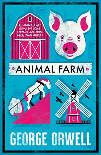 Book cover for Animal Farm featuring a pig, barn, windmill, and horse on blue.