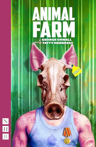 Book cover of "Animal Farm" featuring a pig's head on a muscular man.