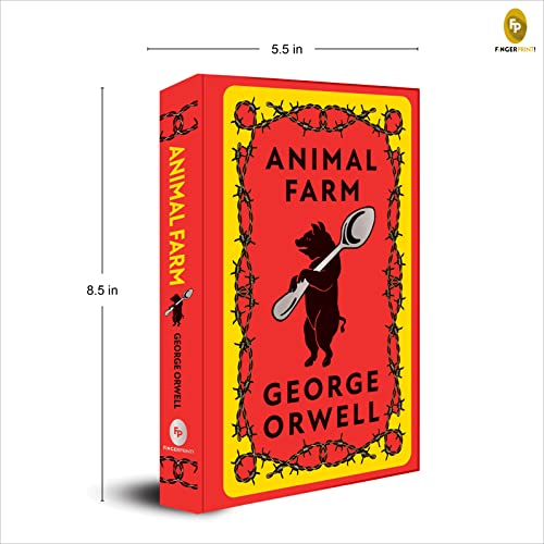Red and yellow Animal Farm hardbound book cover with a pig holding a spoon.