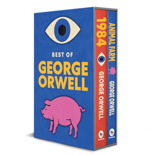 A boxed set containing Animal Farm and 1984 by George Orwell with eye and pig.