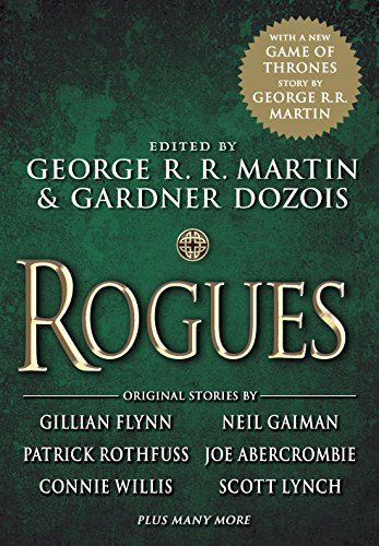 "Book cover with 'Rogues' in gold text on a green background, listing contributing authors."