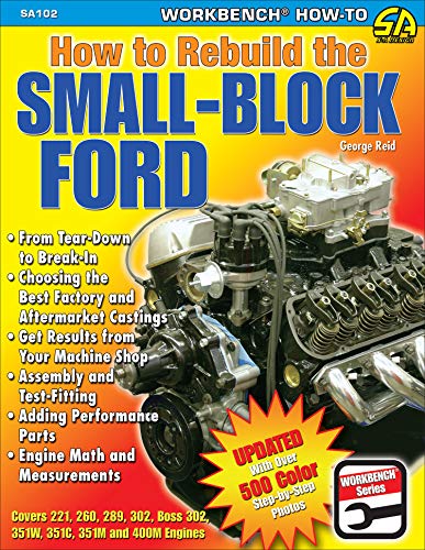 Book cover titled How to Rebuild the Small-Block Ford featuring a car engine image.