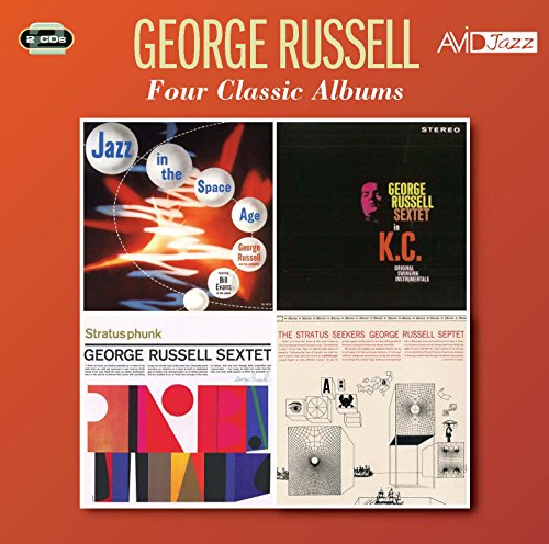 "Orange album cover featuring four George Russell album artworks."