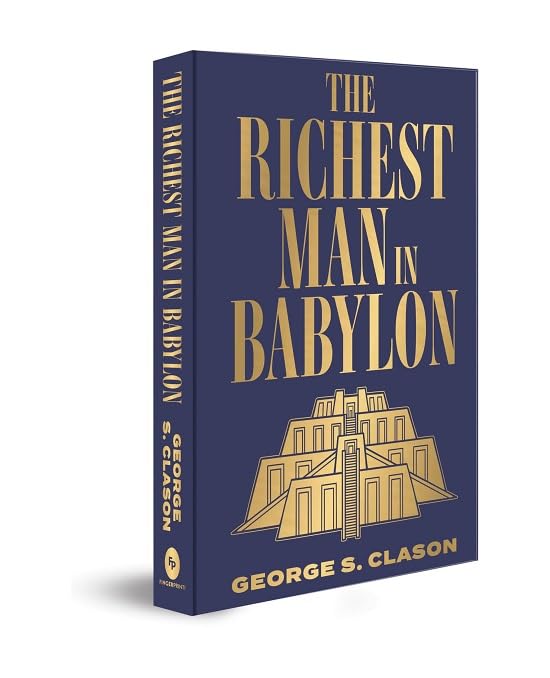 Book cover of The Richest Man in Babylon with gold text on blue background.
