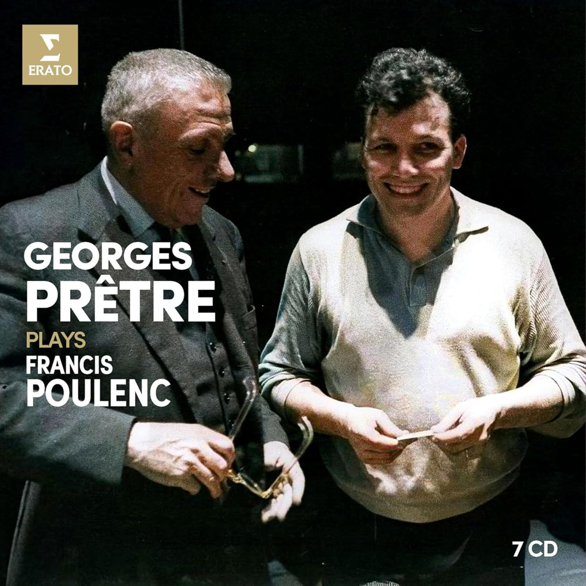 CD cover featuring conductors Georges Prêtre and Francis Poulenc in suits.