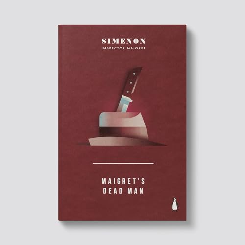 Red book cover with a knife and hat illustration, titled "Maigret's Dead Man".
