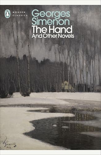 Book cover: “The Hand” by Georges Simenon, wintry landscape painting.