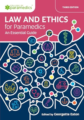 Book cover: "Law and Ethics for Paramedics" with legal and medical icons.