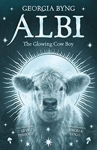 Fluffy highland cow face with glowing halo against a starry night sky.