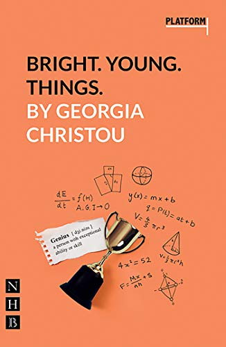 Play script cover with orange background, equations, and a golden trophy.
