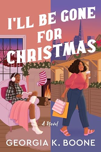 Book cover: split scene of woman by fireplace and in a city.