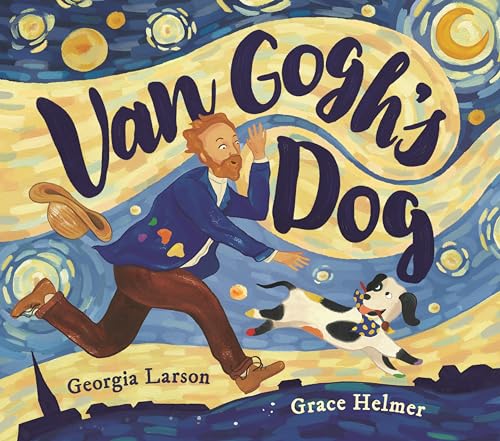 Illustration of Van Gogh running with a spotted dog under a starry sky.