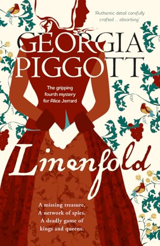 Book cover: woman in red dress, floral background, title "Linenfold".