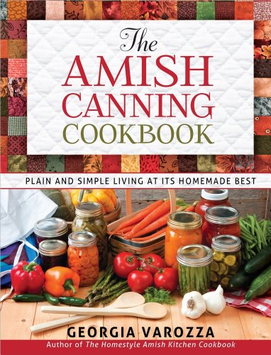 Book cover titled The Amish Canning Cookbook featuring jars of produce and fresh vegetables.