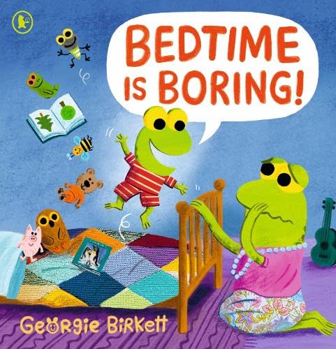 Colorful illustration of frogs resisting bedtime with toys and devices.