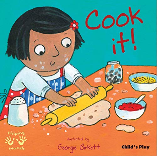 A child wearing an apron rolls out dough on a table with cooking ingredients.