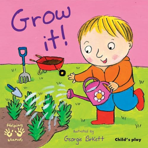 Child watering plants with a pink watering can and gardening tools.