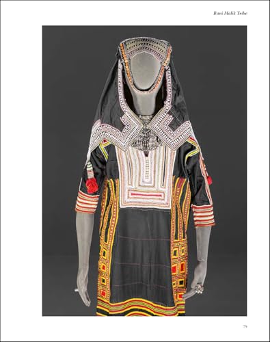 A black Bani Malik tribe garment with intricate white, yellow, and red embroidery.