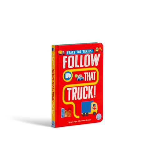 Red children’s book, “Follow That Truck!”, with illustrated vehicles.