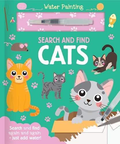 Book cover: "Search and Find Cats" with illustrated cats and art supplies.