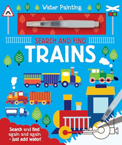 Children's water painting book cover featuring colorful illustrated trains and a water brush.
