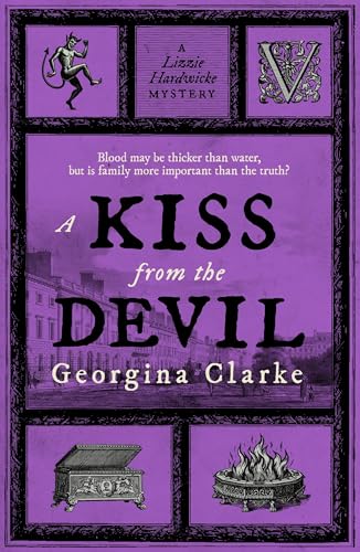 Book cover: "A Kiss from the Devil" with purple background and illustrations.