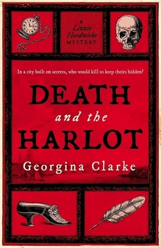 Red book cover with title “Death and the Harlot,” skull, shoe, and quill.