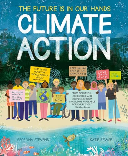 Book cover depicting diverse people protesting for climate action with coral reef illustration.