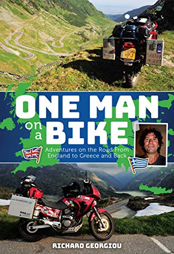 Book cover: motorcycle on a winding mountain road, man’s portrait.