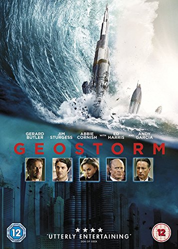 Geostorm DVD cover with a stormy ocean, skyscrapers, and actor portraits.