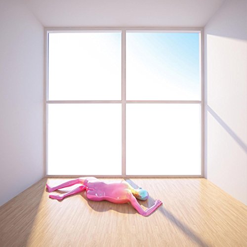 Pink figure lying near a window in a minimalist room.