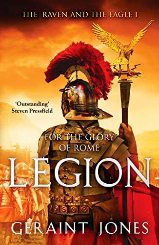 Book cover: Roman soldier with eagle crest, titled "Legion.