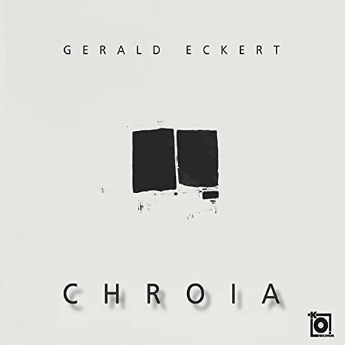 CD cover with light gray background, black abstract shapes, and text Gerald Eckert Chroia.