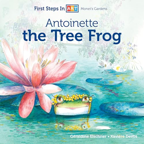 A green tree frog with a yellow flower crown sits in a pond near lilies.